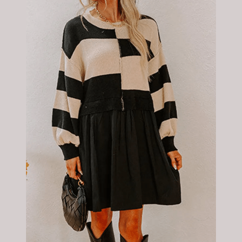 Berdine Black Stripe Two in One Knitted Top High Waist Splicing Hem Sweater Dress