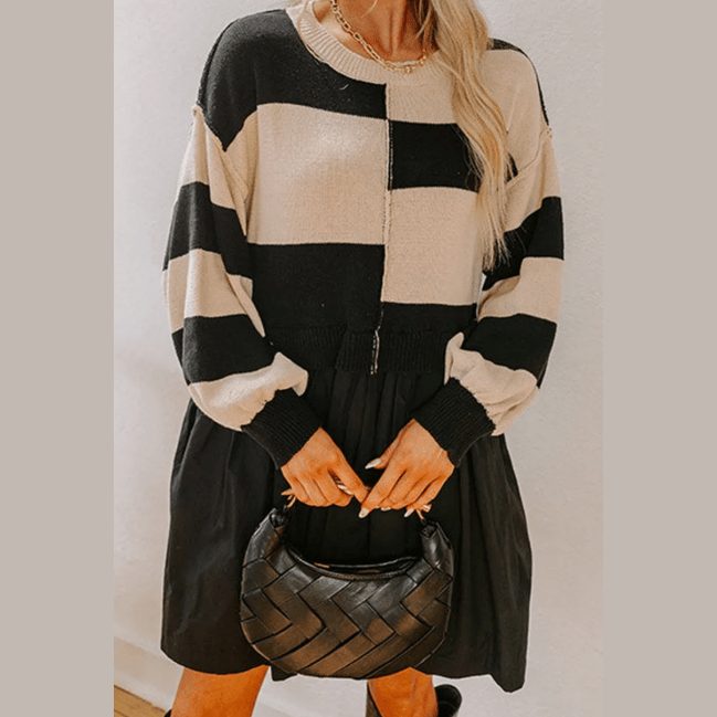 Berdine Black Stripe Two in One Knitted Top High Waist Splicing Hem Sweater Dress