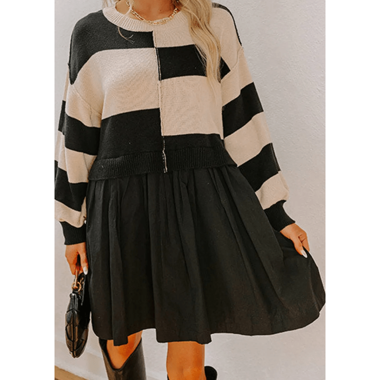 Berdine Black Stripe Two in One Knitted Top High Waist Splicing Hem Sweater Dress