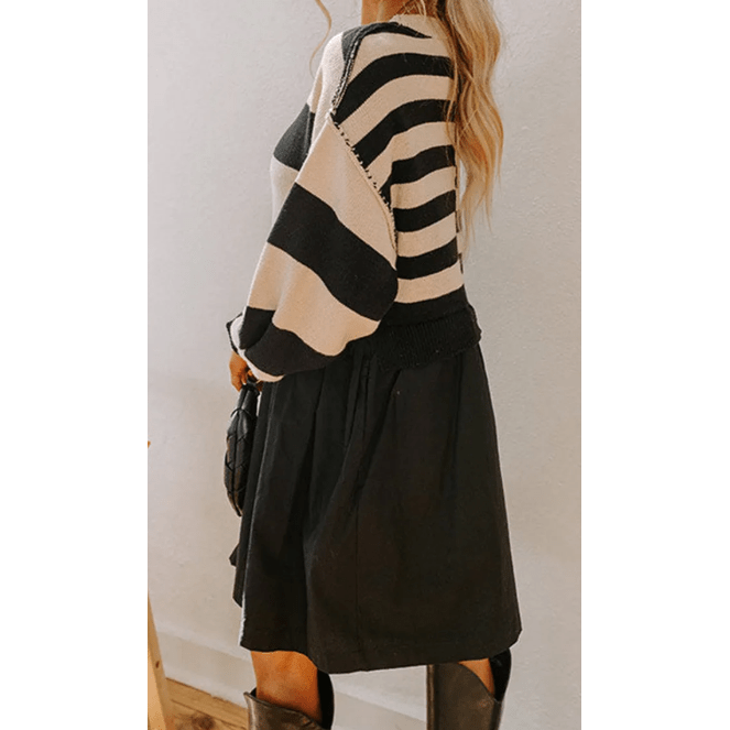 Berdine Black Stripe Two in One Knitted Top High Waist Splicing Hem Sweater Dress