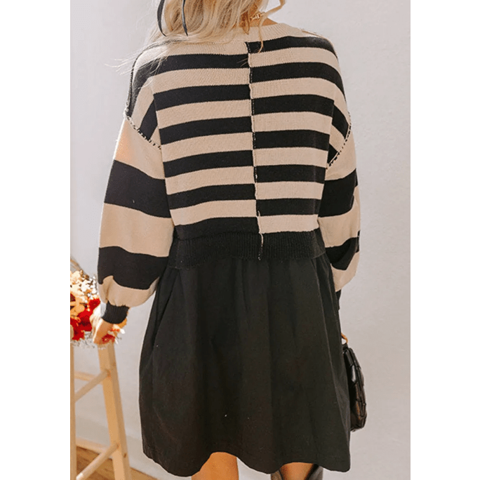 Berdine Black Stripe Two in One Knitted Top High Waist Splicing Hem Sweater Dress