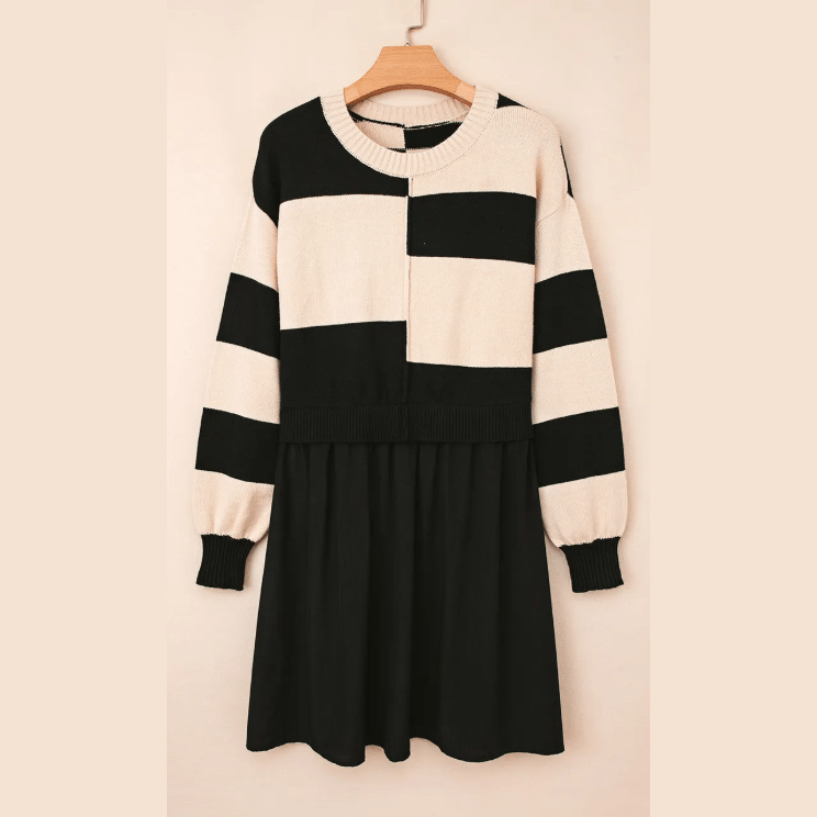 Berdine Black Stripe Two in One Knitted Top High Waist Splicing Hem Sweater Dress