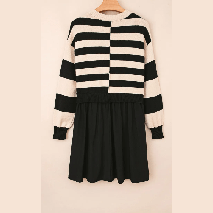 Berdine Black Stripe Two in One Knitted Top High Waist Splicing Hem Sweater Dress