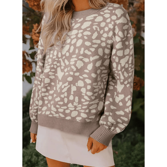 Carolina Leopard Spots Pattern Ribbed Trim Drop Shoulder Sweater