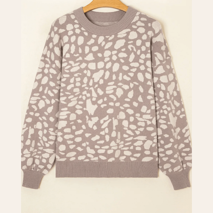 Carolina Leopard Spots Pattern Ribbed Trim Drop Shoulder Sweater
