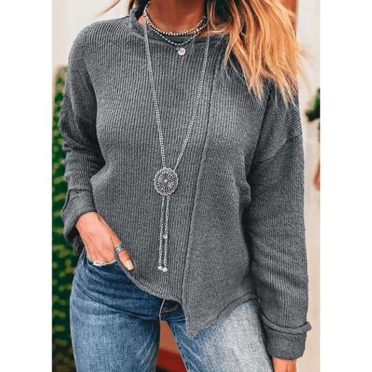 Daffney Raw Edge Uneven Hem Patchwork Drop Shoulder Sweater