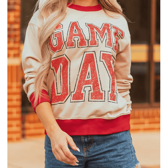 GAME DAY Letter Graphic Varsity Striped Detail Baggy Sweatshirt