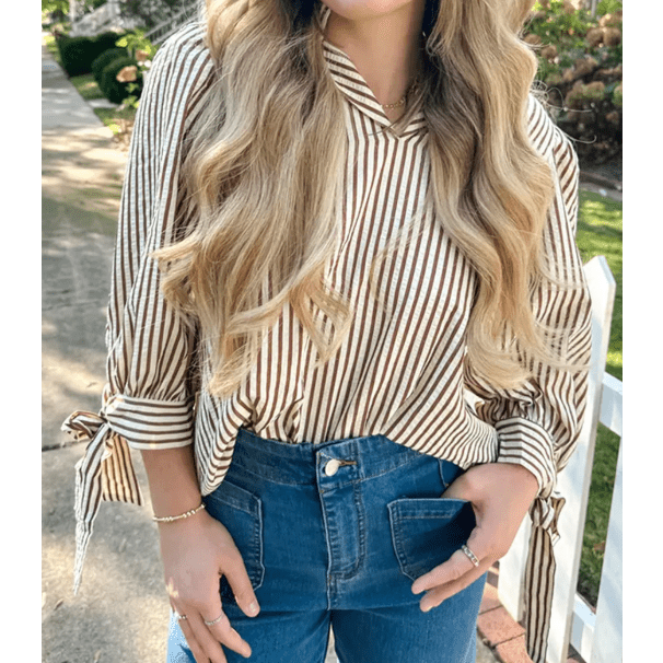 Gwen Striped Print Tied Cuffs Split Neck Seersucker Blouse
