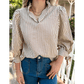 Gwen Striped Print Tied Cuffs Split Neck Seersucker Blouse