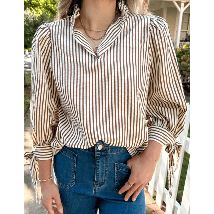 Gwen Striped Print Tied Cuffs Split Neck Seersucker Blouse