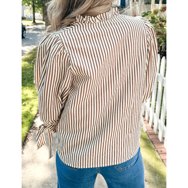 Gwen Striped Print Tied Cuffs Split Neck Seersucker Blouse