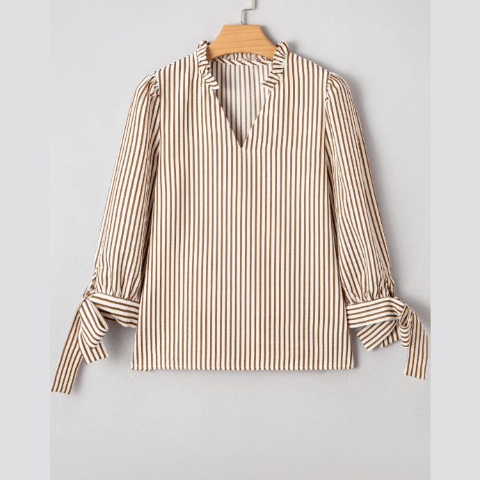 Gwen Striped Print Tied Cuffs Split Neck Seersucker Blouse