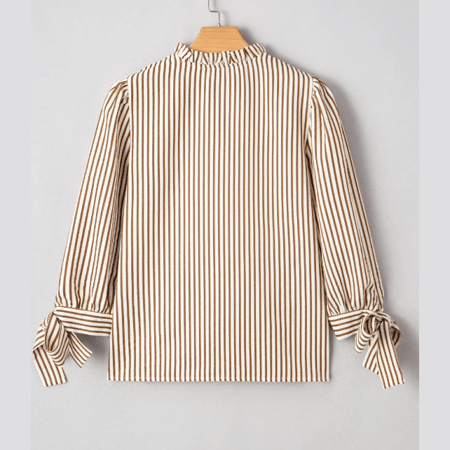 Gwen Striped Print Tied Cuffs Split Neck Seersucker Blouse