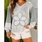 Jorda Green Floral Patched Waffle Textured Colorblock V Neck Casual Hooded Top