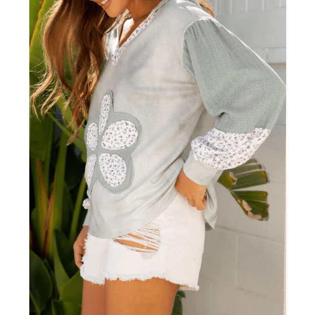 Jorda Green Floral Patched Waffle Textured Colorblock V Neck Casual Hooded Top