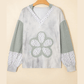 Jorda Green Floral Patched Waffle Textured Colorblock V Neck Casual Hooded Top