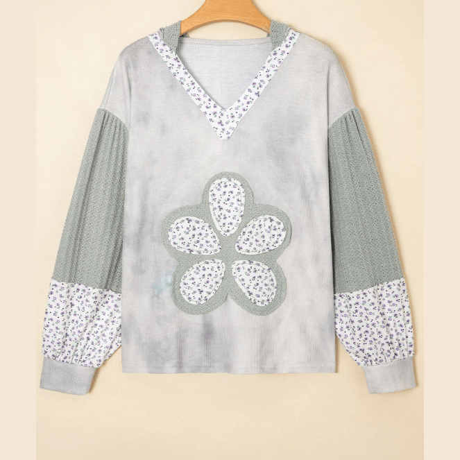 Jorda Green Floral Patched Waffle Textured Colorblock V Neck Casual Hooded Top
