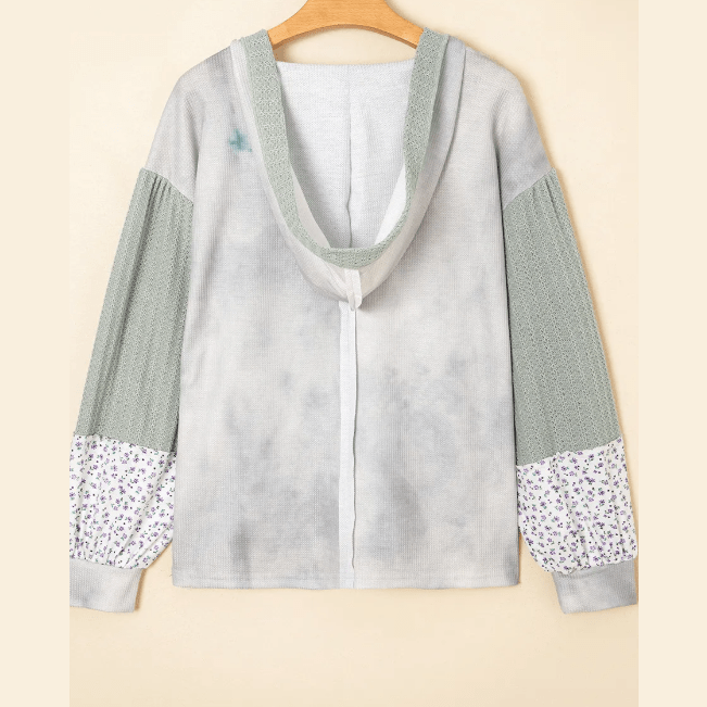 Jorda Green Floral Patched Waffle Textured Colorblock V Neck Casual Hooded Top