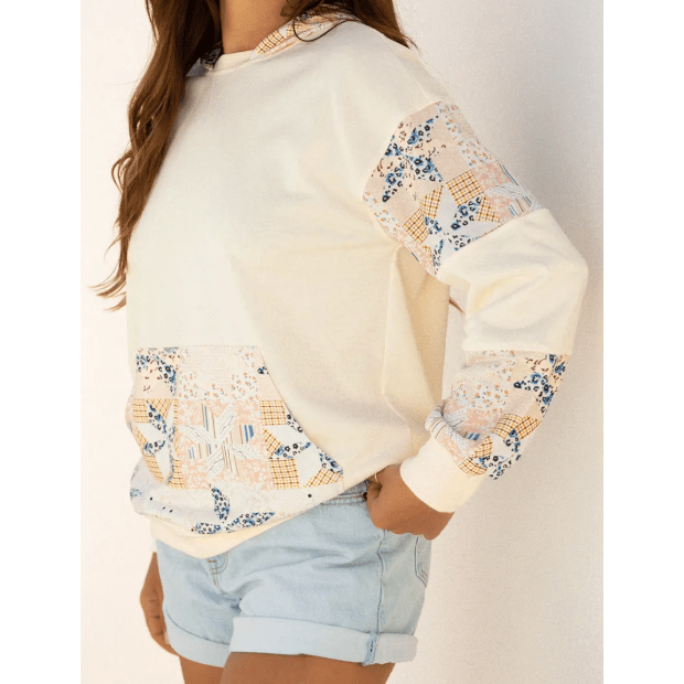 Karleigh Beige Western Geo Pattern Patchwork Hoodie with Kangaroo Pocket