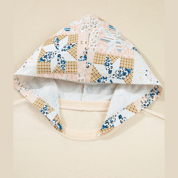 Karleigh Beige Western Geo Pattern Patchwork Hoodie with Kangaroo Pocket