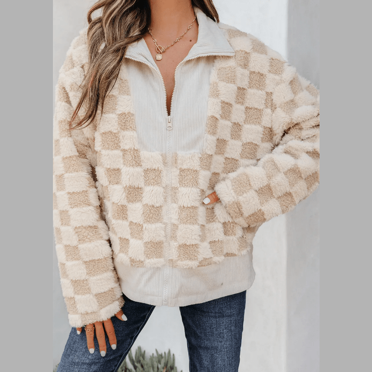 Maddie Khaki Checker Sherpa Corduroy Patchwork Zip up Collared Jacket