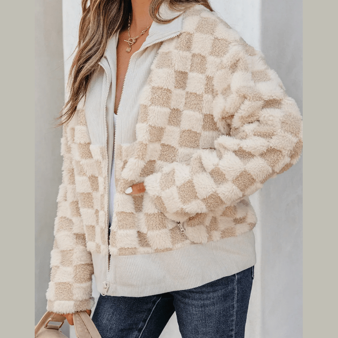 Maddie Khaki Checker Sherpa Corduroy Patchwork Zip up Collared Jacket
