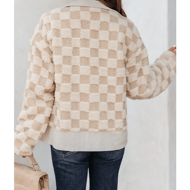 Maddie Khaki Checker Sherpa Corduroy Patchwork Zip up Collared Jacket