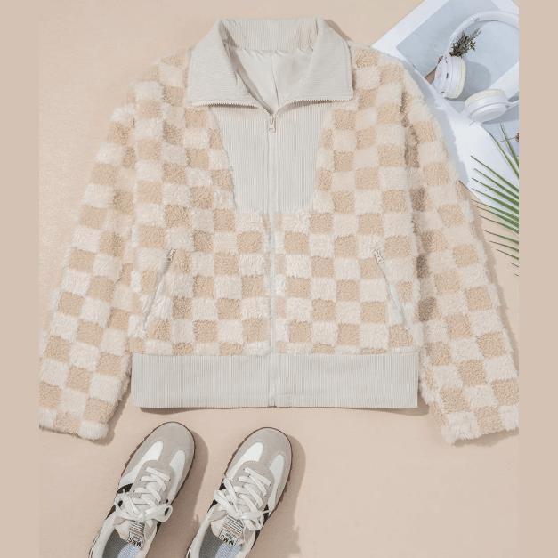 Maddie Khaki Checker Sherpa Corduroy Patchwork Zip up Collared Jacket