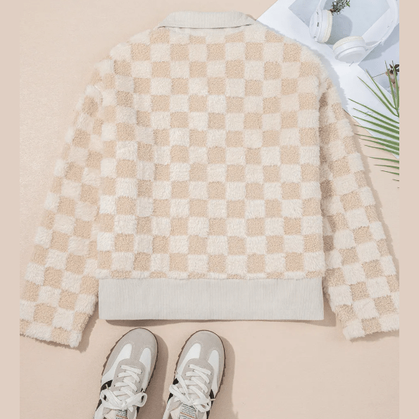 Maddie Khaki Checker Sherpa Corduroy Patchwork Zip up Collared Jacket