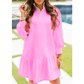 Remi Pink Contrast Striped Collar Patchwork Puff Sleeve Ruffle Hem Mini Dress