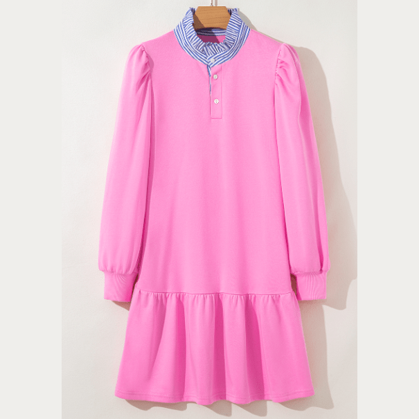 Remi Pink Contrast Striped Collar Patchwork Puff Sleeve Ruffle Hem Mini Dress