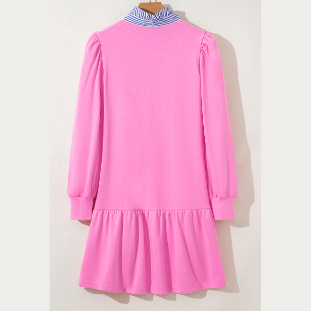 Remi Pink Contrast Striped Collar Patchwork Puff Sleeve Ruffle Hem Mini Dress