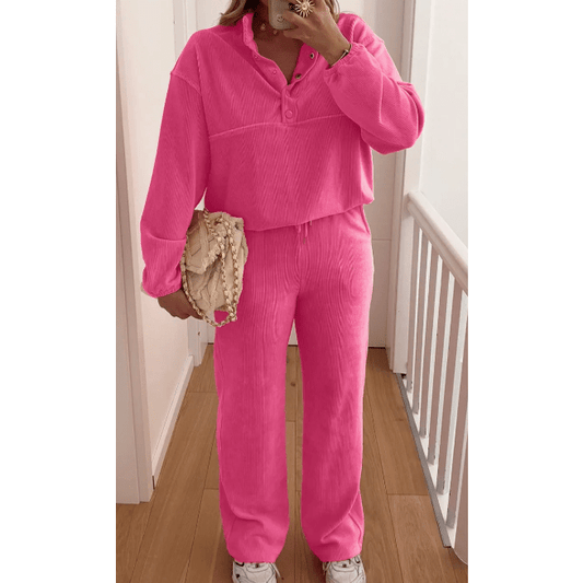 Franki Half Button Pullover Drawstring Pants Solid Color Corduroy 2pcs Outfit