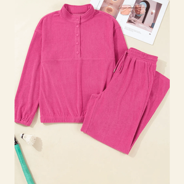 Franki Half Button Pullover Drawstring Pants Solid Color Corduroy 2pcs Outfit