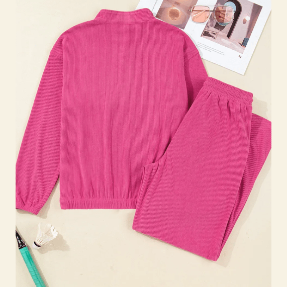 Franki Half Button Pullover Drawstring Pants Solid Color Corduroy 2pcs Outfit