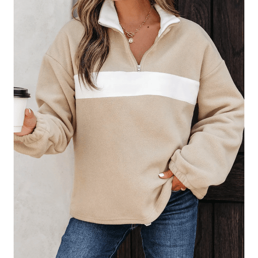 Ven Parchment Fleece Colorblock Patchwork Zipped Neck Pullover Sweatshirt