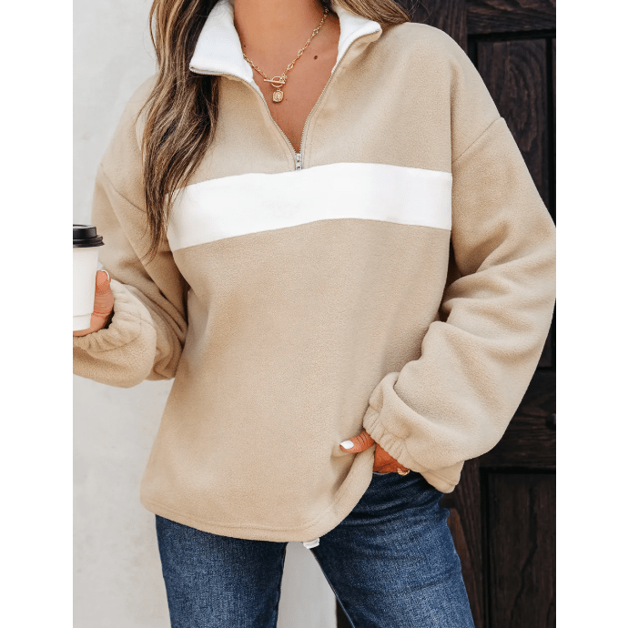 Ven Parchment Fleece Colorblock Patchwork Zipped Neck Pullover Sweatshirt