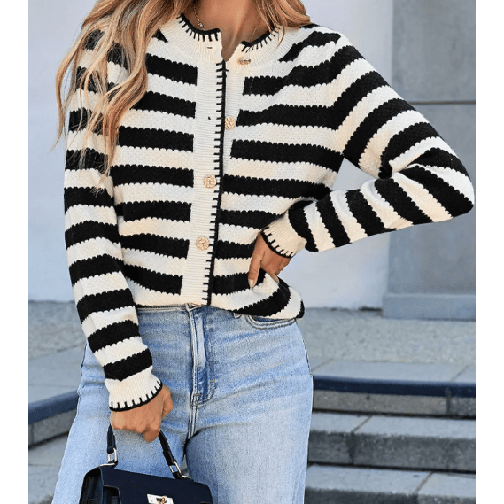 Kassidy White/Black Stripe Chic Golden Button Cardigan Sweater