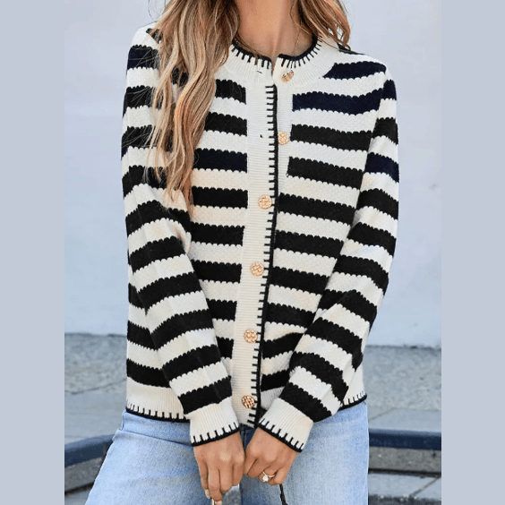 Kassidy White/Black Stripe Chic Golden Button Cardigan Sweater