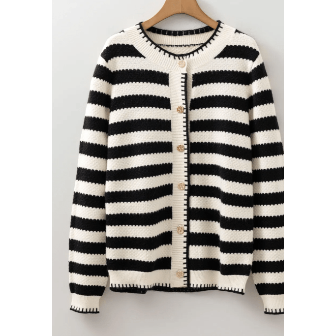 Kassidy White/Black Stripe Chic Golden Button Cardigan Sweater