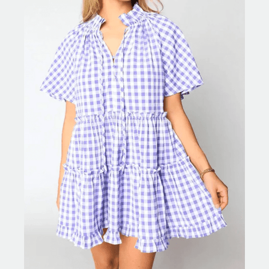 RTS Plaid Ruffle Wide Short Sleeve Babydoll Mini Dress
