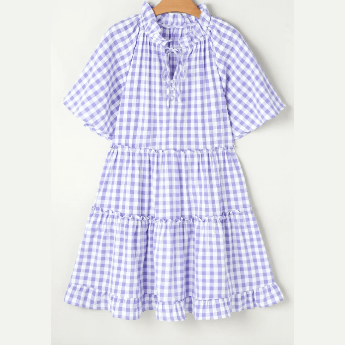 RTS Plaid Ruffle Wide Short Sleeve Babydoll Mini Dress