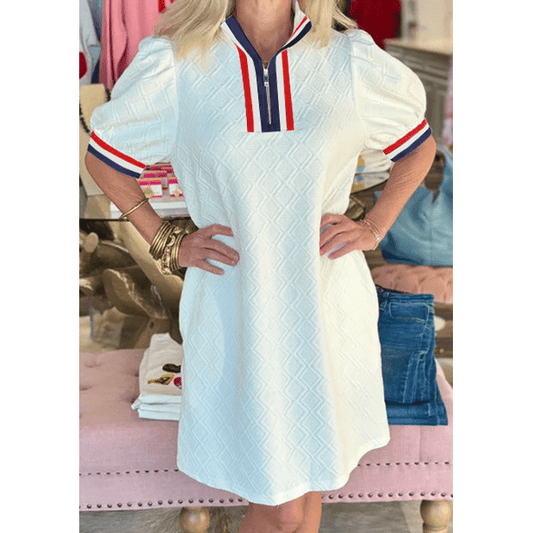 RTS White Textured Jacquard Colorblock Edge Puff Sleeve Quarter Zip Mini Dress