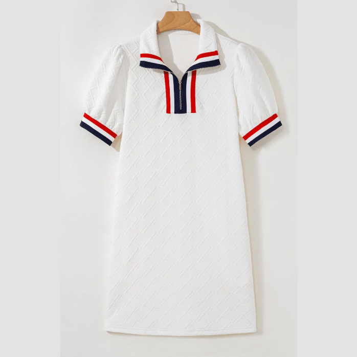 RTS White Textured Jacquard Colorblock Edge Puff Sleeve Quarter Zip Mini Dress