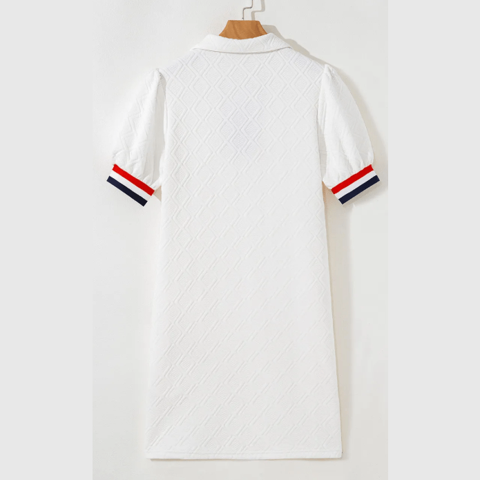 RTS White Textured Jacquard Colorblock Edge Puff Sleeve Quarter Zip Mini Dress