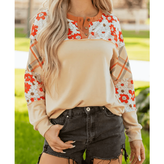 RTS Parchment Floral Plaid Patchwork Casual Top