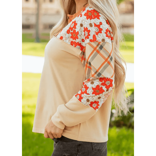 RTS Parchment Floral Plaid Patchwork Casual Top