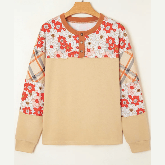 RTS Parchment Floral Plaid Patchwork Casual Top