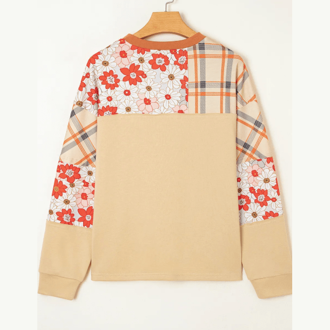 RTS Parchment Floral Plaid Patchwork Casual Top