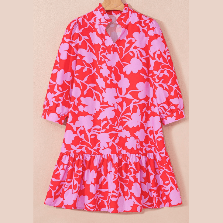 Janaya Floral Three Quarter Sleeves Ruffle Hem Mini Dress